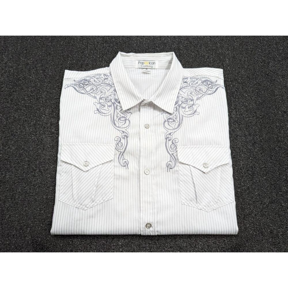 Pop Icon Vintage Mens Button Down Western Shirt White Embroidered Front Size XL